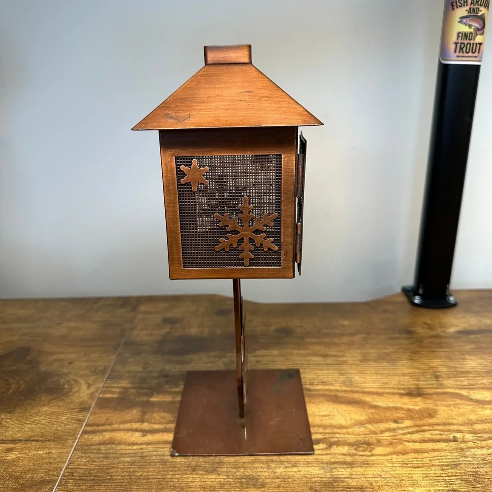 Rustic Copper Metal Snowflake Lantern Tea Light Candle Holder Winter Tree Decor